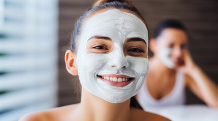 Two women smile at spa. Therapy, beauty and skincare treatment for wellness