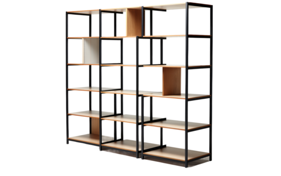 A photo of a shelf with multiple levels, filled with books. on White or PNG Transparent Background.