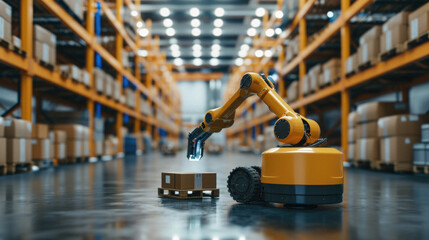 Smart robot arm working in warehouse. Industrial robot arm working in warehouse. Concept of artificial intelligence for industrial revolution and automation manufacturing process . - obrazy, fototapety, plakaty