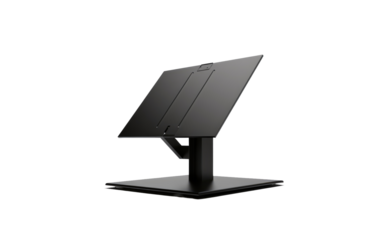 A computer monitor is placed on top of a black stand, providing a functional and stable setup. on White or PNG Transparent Background.