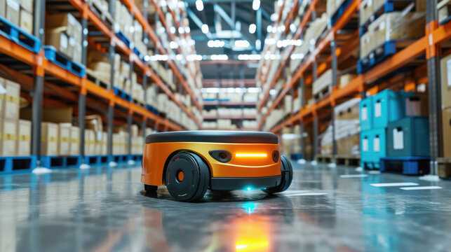 Smart robot vacuum cleaner in warehouse. Smart technology in industrial warehouse .
