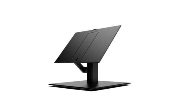 A computer monitor is placed on top of a black stand, providing a functional and stable setup. on White or PNG Transparent Background.