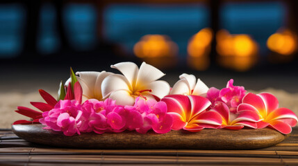 Frangipani flowers. Exotic flowers, against the backdrop of the pool and spa