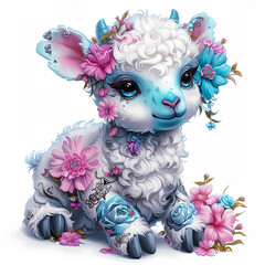 Cute colorful lamb wearing flowers. Sheep with tattoo and spring flowers.