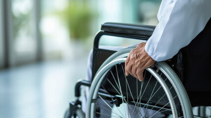 Obraz premium Close-up of senior man in wheelchair in hospital corridor. Healthcare and medical concept .