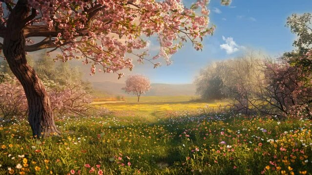 The cherry blossom trees stretch out in sparkling pink and white colors that radiate the beauty of spring. seamless looping time-lapse animation video background