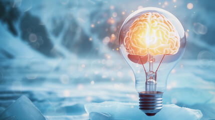 Glowing Brain Light Bulb on Icy Blue Background: Conceptual Metaphor for Cool Thinking, Clear Thinking and Innovation. With Copy Space