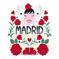 Illustration of a woman from Madrid, surrounded by carnations and with the phrase Madrid, beautiful city. Souvenir from Madrid. Print design