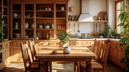 A warm wooden kitchen interior with dining table set, well-lit by natural light