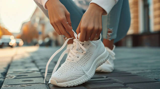 Cropped image of young woman tying shoelaces on sneakers outdoors