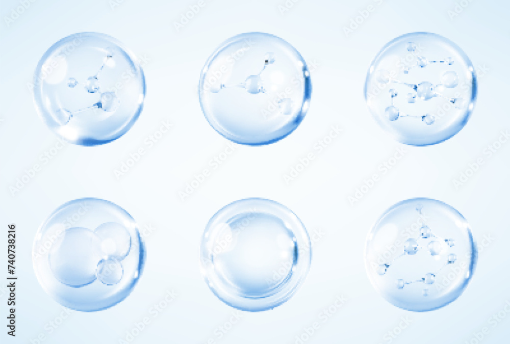 Wall mural molecules inside bubbles on blue background. collagen serum bubble. cosmetic essence. concept skin c