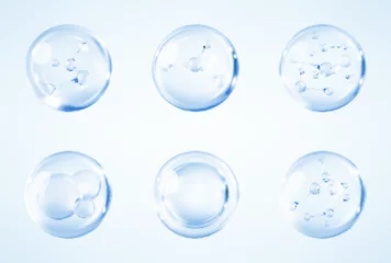 Foto op Canvas Molecules inside bubbles on blue background. Collagen serum bubble. Cosmetic essence. Concept skin care cosmetics solution. Vector 3d illustration © Vector_Artist