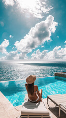 Beautiful woman sunbathing by the swimming pool in luxury hotel