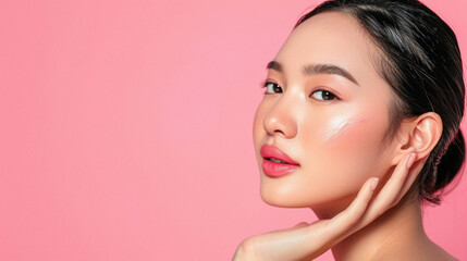 Naklejka premium Beautiful Young Asian Woman with Clean Fresh Skin on pink background. Face care, Facial treatment, Cosmetology, beauty and healthy skin and cosmetic concept .