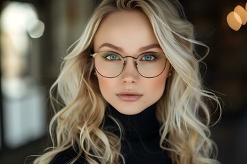 Stylish blonde businesswoman exuding confidence wearing glasses closeup portrait. Concept Businesswoman, Blonde, Confidence, Glasses, Closeup Portrait