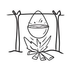 Concept of outdoors survival cooking in the fireplace in cauldron. Hand drawn vector sketch illustration in doodle vintage line art engraving style. Hunting, mountain camping trip, tourism.