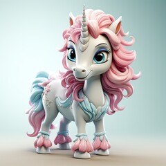 Magic fairy tale character unicorn 3d illustration for girls. Magic fairy tale unicorn print for clothes, stationery, books, goods. Toy Unicorn 3D character banner, background. Generative ai.