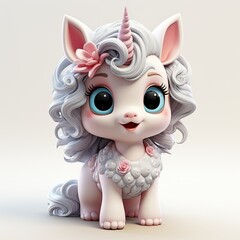 Naklejka premium Magic fairy tale character unicorn 3d illustration for girls. Magic fairy tale unicorn print for clothes, stationery, books, goods. Toy Unicorn 3D character banner, background. Generative ai.