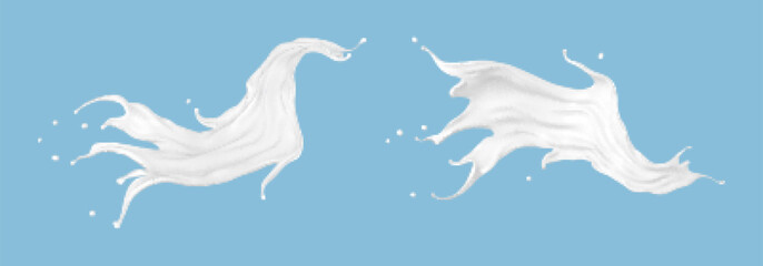 Fototapeta premium Milk splash set isolated on blue background. Natural dairy product, yogurt or cream splash. White cosmetics splashing. Realistic vector illustration