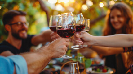 Group of friends toasting with red wine at a dinner party .