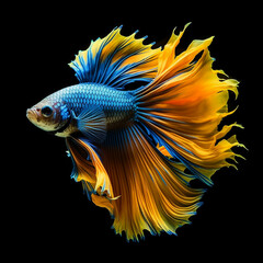 Fototapeta premium Fighting fish, a blue fighting fish with a glistening light yellow tail, moves gracefully and calmly against a dark black background. Contrasting hues add a touch of fascination to the water movement.