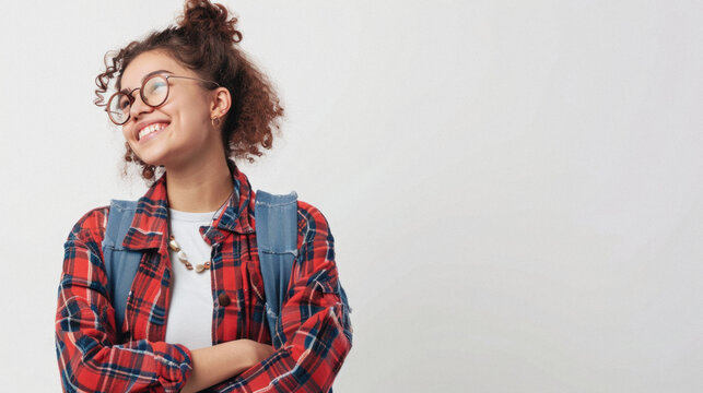Portrait of a beautiful young woman with curly hair wearing glasses and a checkered shirt .
