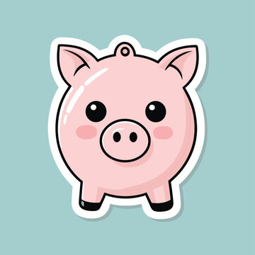 recommend clip art: Adorable cartoon-style pink pig illustration with bold outlines and big expressive eyes on a pastel blue background.