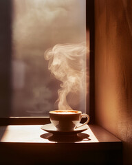 Cup of hot coffee in coffeshop at the window, aesthetic and atmospheric image for blog , good morning cocnept - 740739425