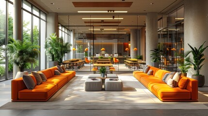 Modern bright office with an open, collaborative space, shared tables and comfortable lounging areas with sofas