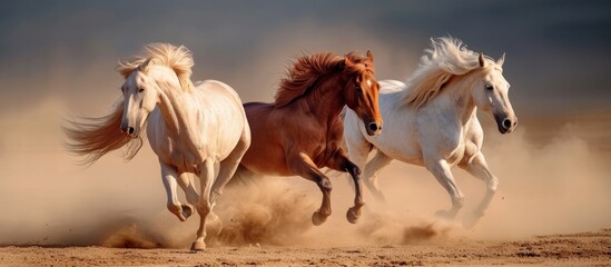 Beautiful wild horses galloping freely across the vast expanse of the desert landscape
