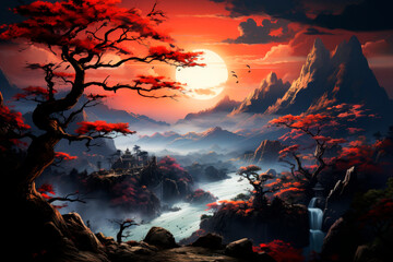 Sunrise at Asian landscape in red black colours for home decoration - obrazy, fototapety, plakaty