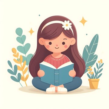 girl reading a book. beautiful illustration of a girl with a book. reading day. book day