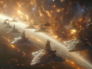 A space fleet in formation, gearing up for interplanetary warfare, presents a vivid depiction of strategic readiness against the backdrop of deep space