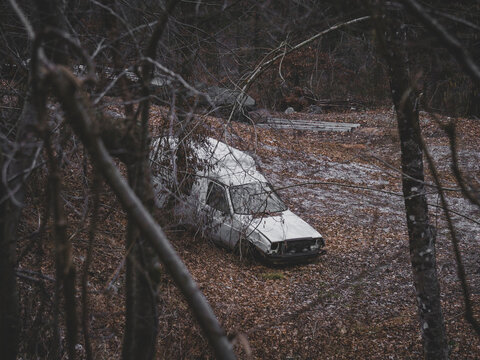 abandoned white furgo in the middle of the forest