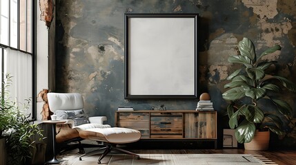 A mockup poster blank frame hanging on a salvaged dresser, above a plush recliner, game room, Scandinavian style interior design - obrazy, fototapety, plakaty