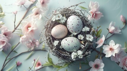 Easter floral composition with delicate pastel eggs and flowers in a nest. Generative AI illustration