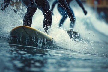 Close-up Two young schoolboys surfing and summing in the water. Ai generative