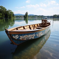 Naklejka na ściany i meble Boat on the river. Fiber boat in a lake for visitors.