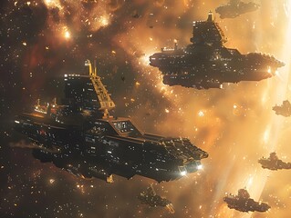 A space fleet in formation, gearing up for interplanetary warfare, presents a vivid depiction of...