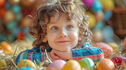 Fototapeta na wymiar The boy delights in the joy brought by beautifully decorated Easter eggs, savoring the artistic creations that enhance the festive atmosphere with vibrant colors and intricate designs.