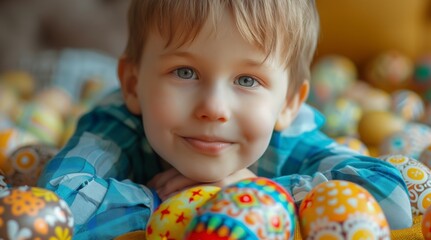 Fototapeta na wymiar The boy experiences pure joy with beautifully decorated Easter eggs, appreciating the intricate designs and vibrant colors that add enchantment to the festive celebration.