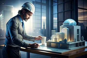 Fototapeta premium Architect working on construction project in office. Architectural model of building.