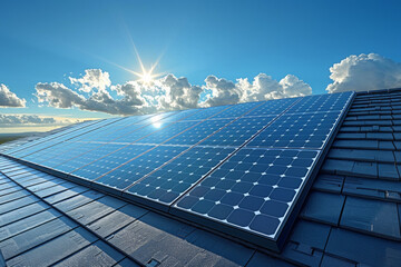 A solar panel power generation system installed on the roof of a house generates electricity. Sunlight pours down from the blue sky. Concept for energy and ecology.