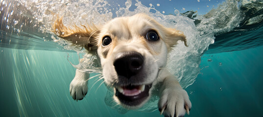 Underwater funny photo of a puppy trying to swim looking to the camera. dog swimming - obrazy, fototapety, plakaty