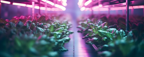 Revolutionizing sustainable urban agriculture with cutting-edge vertical farm using LED grow lights. Concept Sustainable Agriculture, Urban Farming, Vertical Farming, LED Grow Lights