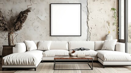 A mockup poster blank frame hanging on a retro display stand, above a modern sectional, family room, Scandinavian style interior design