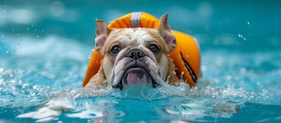 Adorable canine wearing a vibrant life jacket enjoying a swim in the refreshing pool