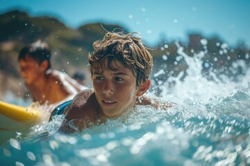 Close-up Two young schoolboys surfing and summing in the water. Ai generative