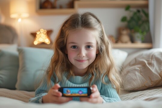 A child enjoying herself while playing a game on her smartphone in her room. Ai generative
