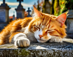 Um gato ruivo, deitado e dormindo sobre um túmulo em cemitério. - obrazy, fototapety, plakaty